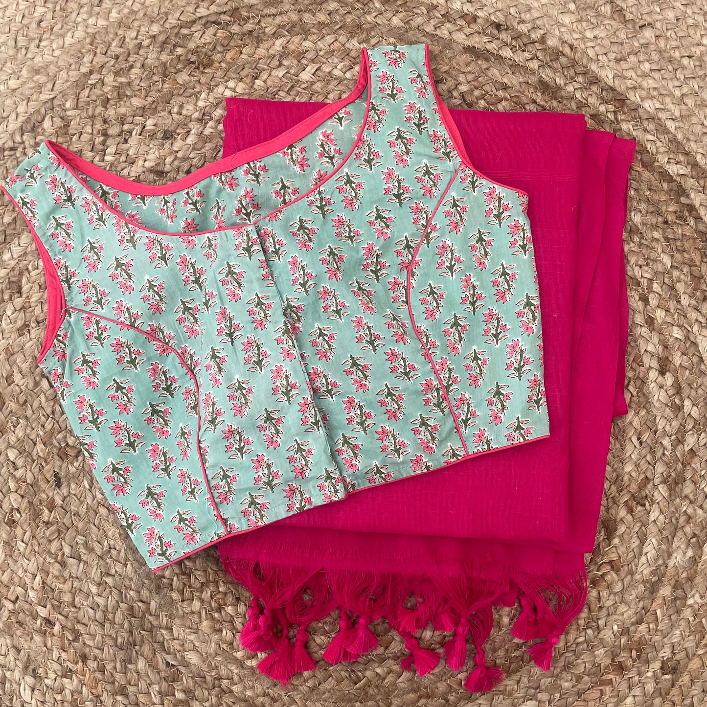 Pink Khadi Cotton Saree Blouse Combo