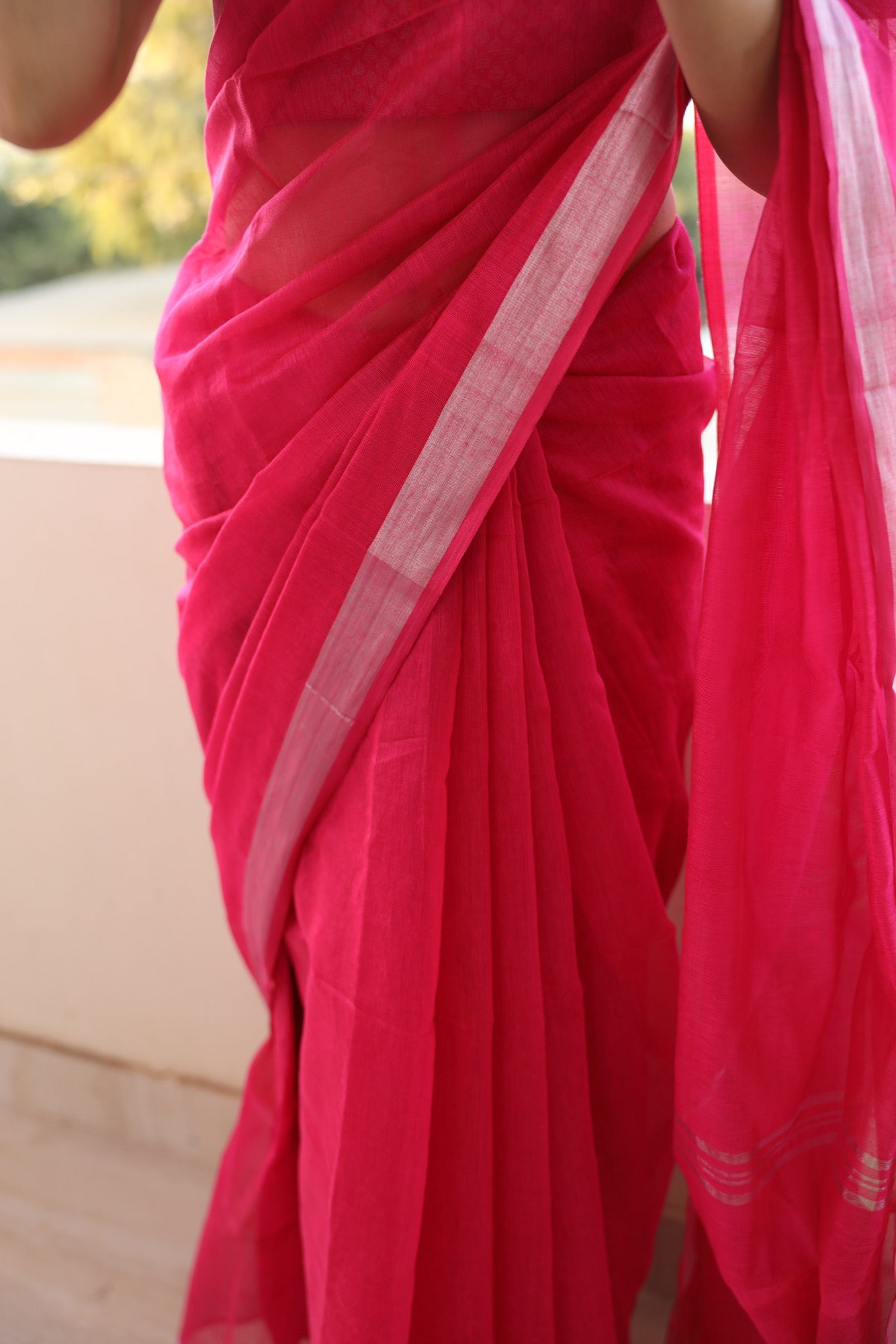 Gulabi Handloom Cotton Saree (With Stitched Brocade Blouse)