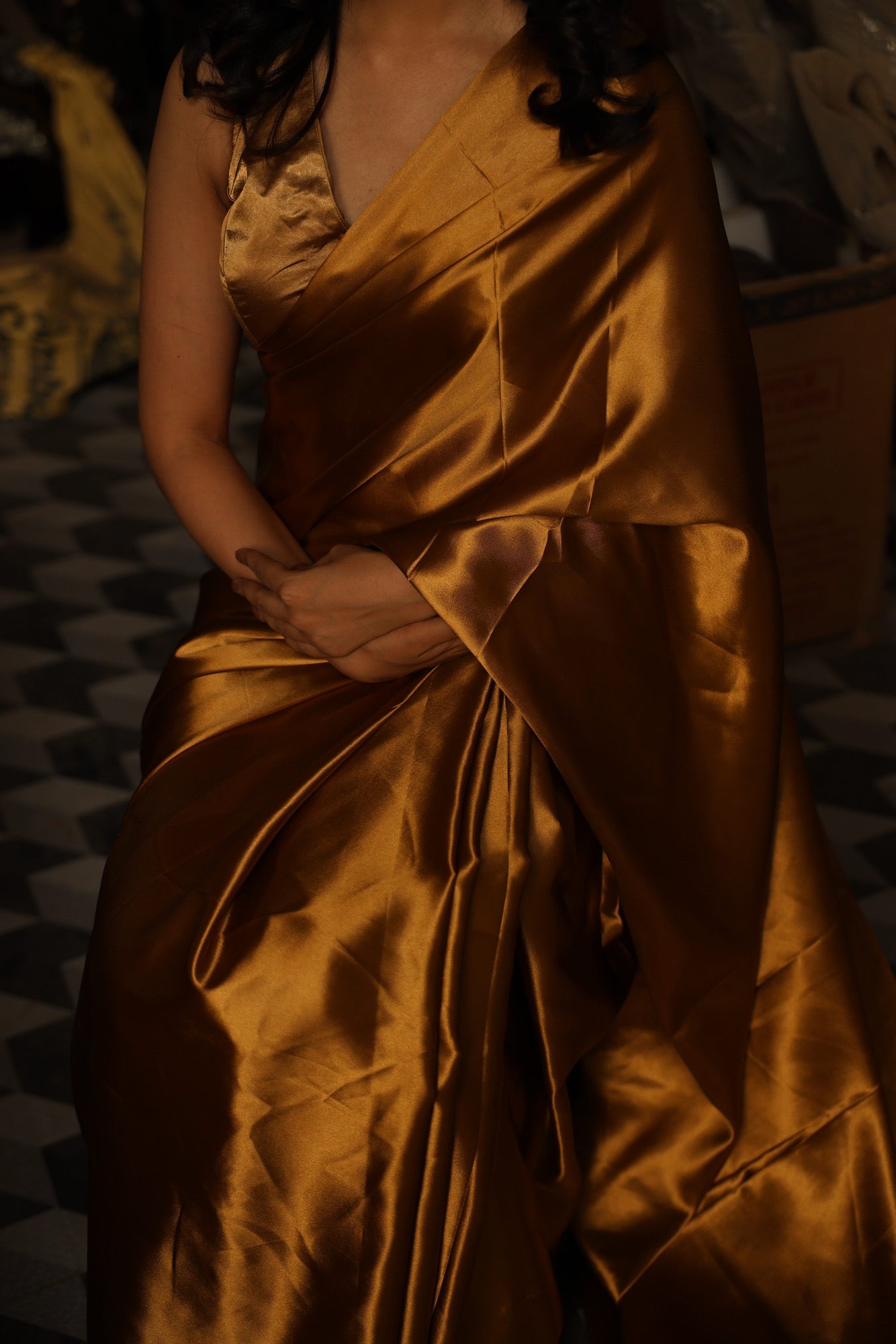 Sunhari Golden Satin Saree (With Stitched Blouse)