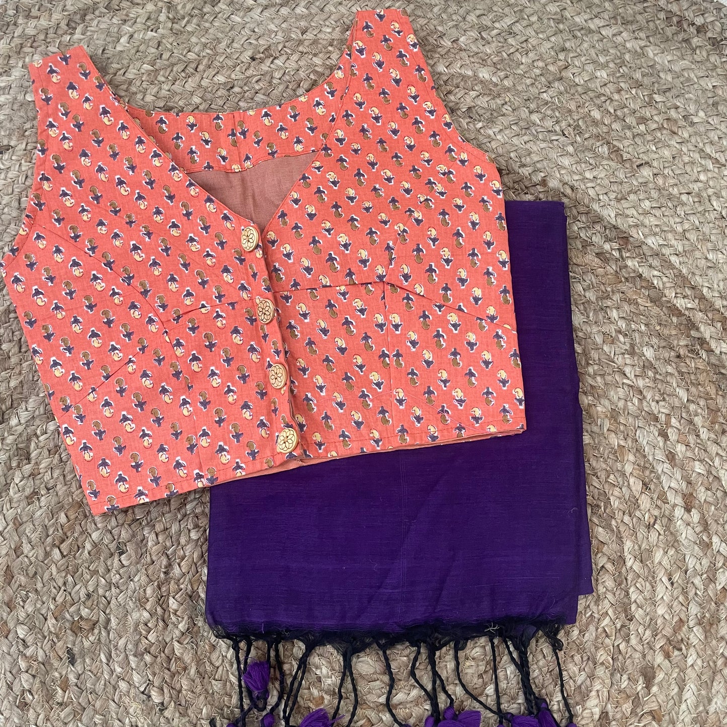 Violet Mul Cotton Saree Blouse Combo