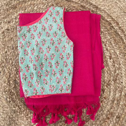 Pink Khadi Cotton Saree Blouse Combo