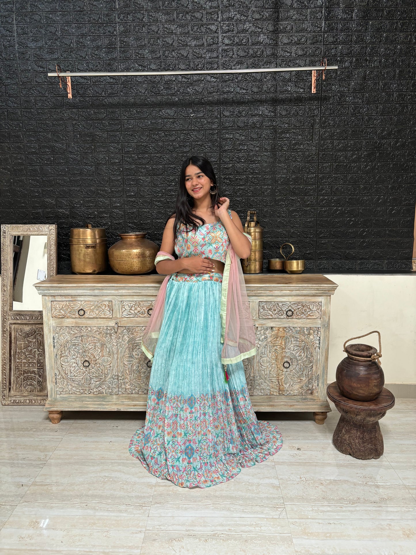 Sky Blue Digital Printed Lehenga