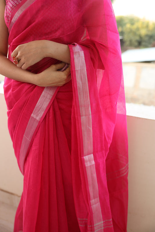 Gulabi Handloom Cotton Saree (With Stitched Brocade Blouse)