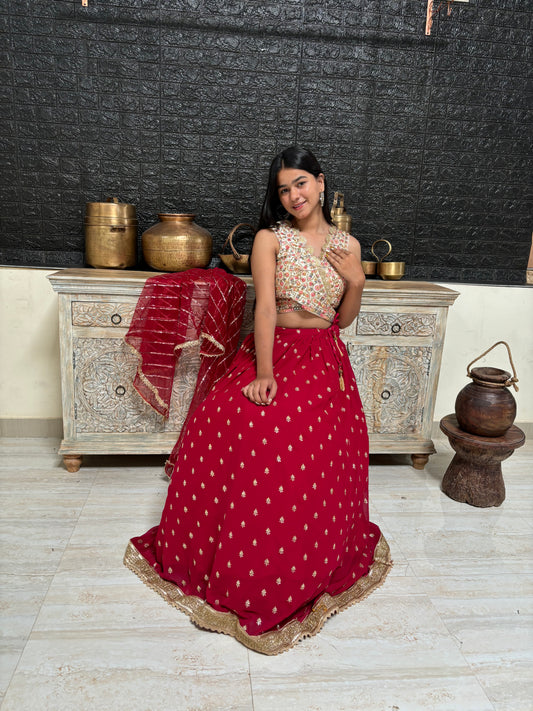 Red & White Georgette Lehenga