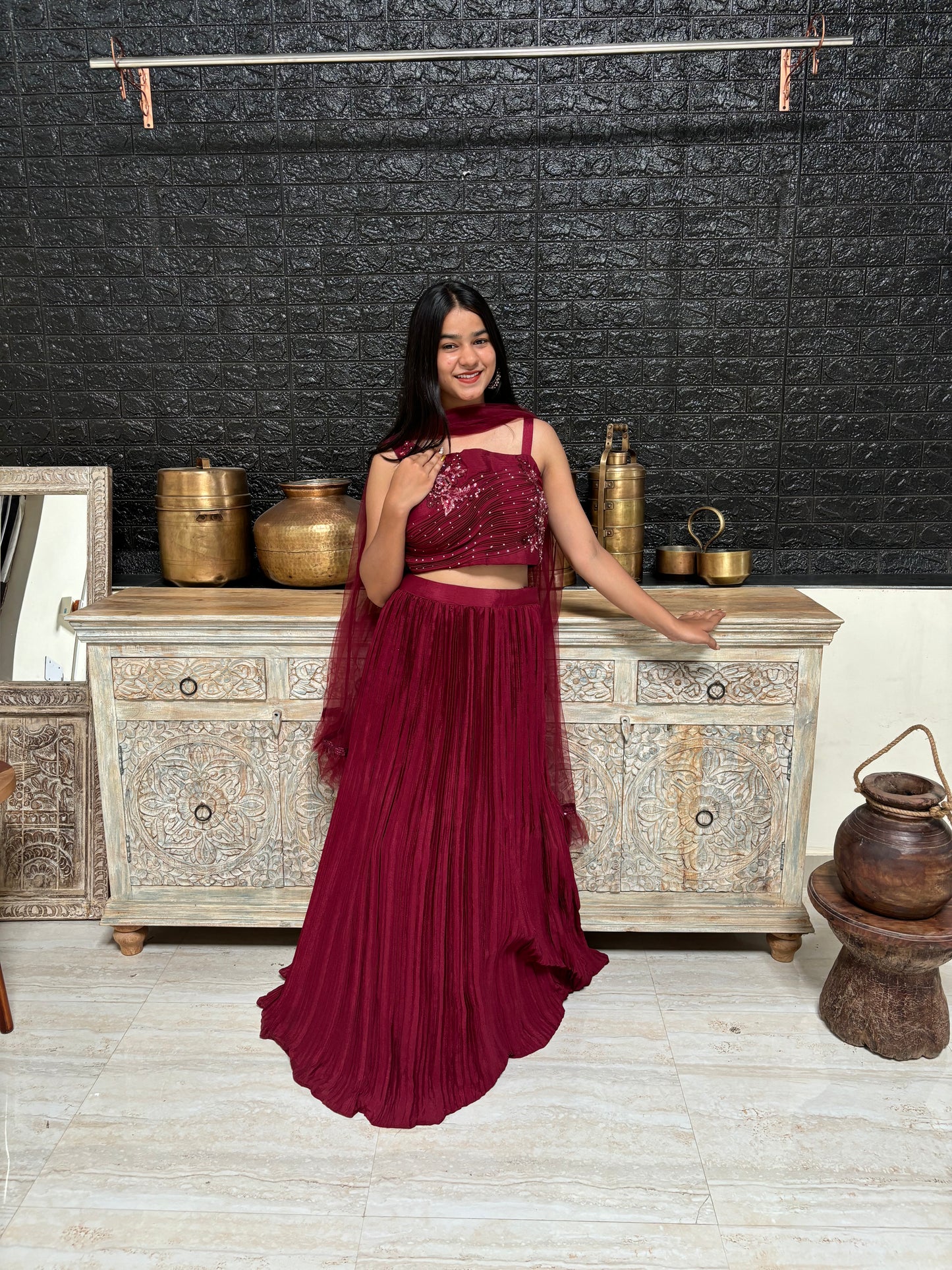 Maroon Pure Chinon Lehenga