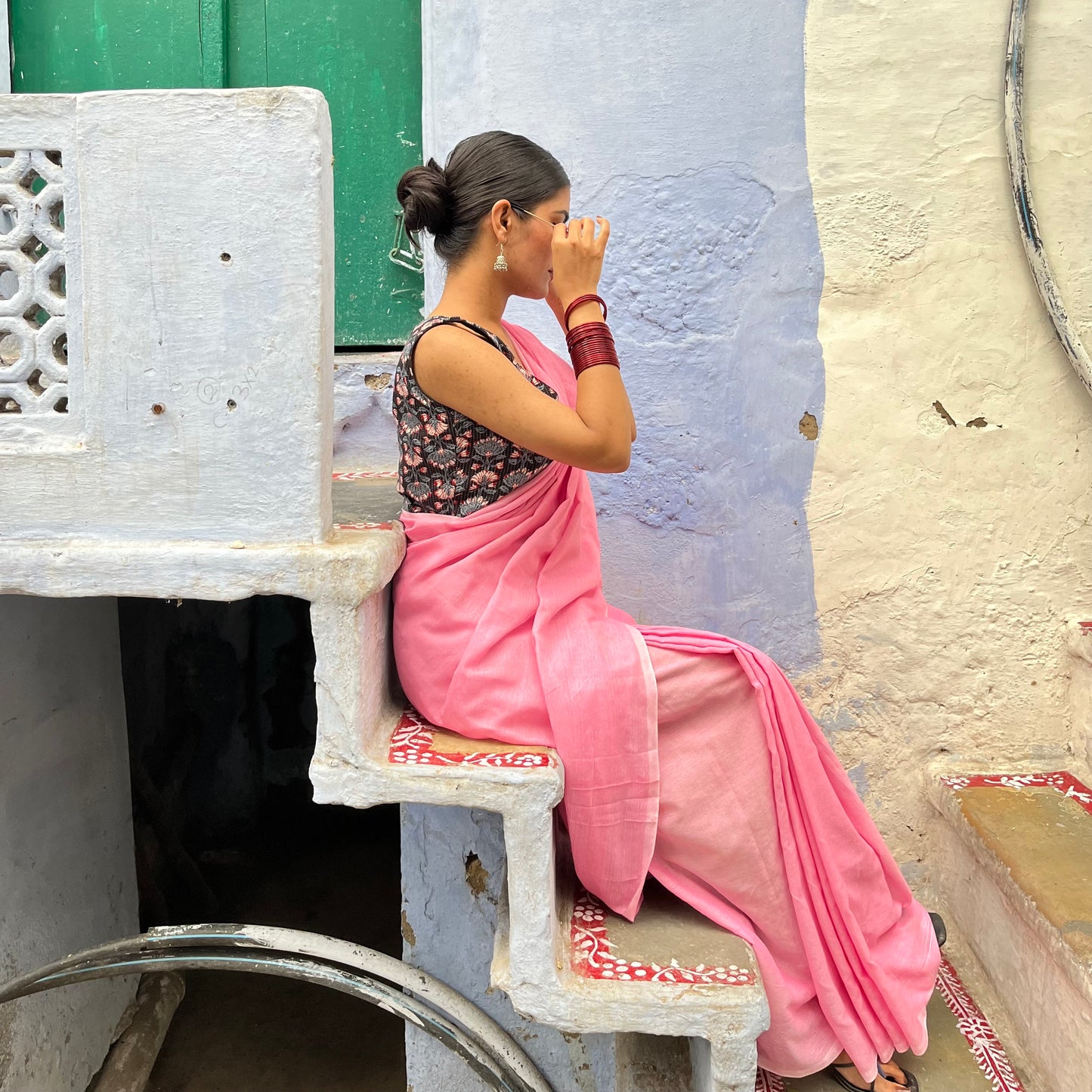 Light Pink Khadi Cotton Saree Blouse Combo