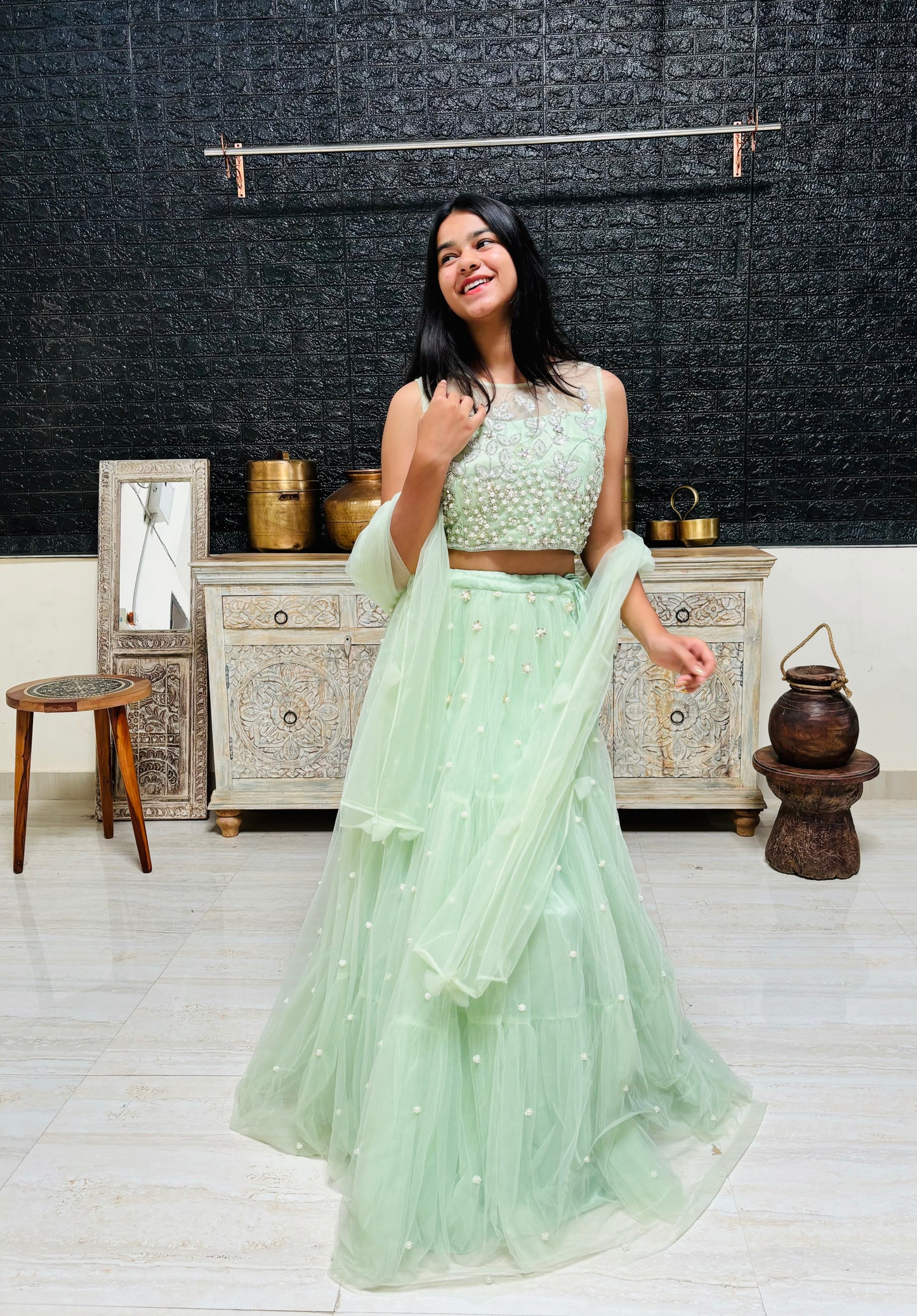 Green Net Lehenga