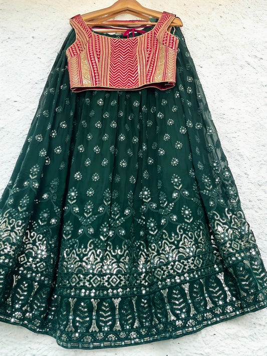 Pink and Green Georgette Lehenga Set