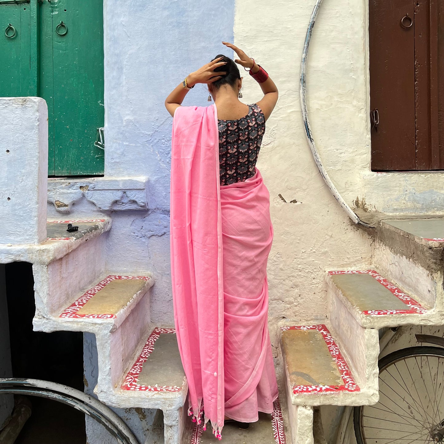 Light Pink Khadi Cotton Saree Blouse Combo