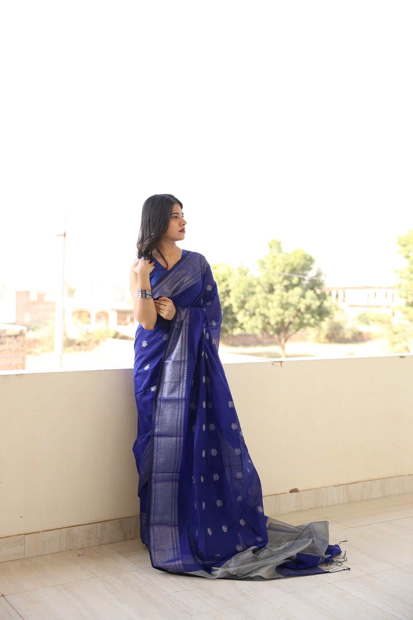 Royal Blue Maheshwari Cotton Silk Saree