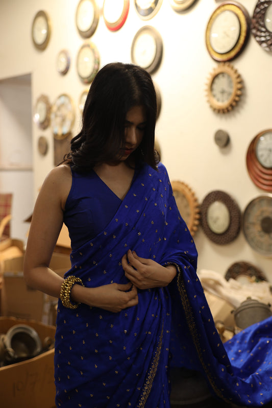 Rani-Sa Blue Butti Saree (With Stitched Blouse)