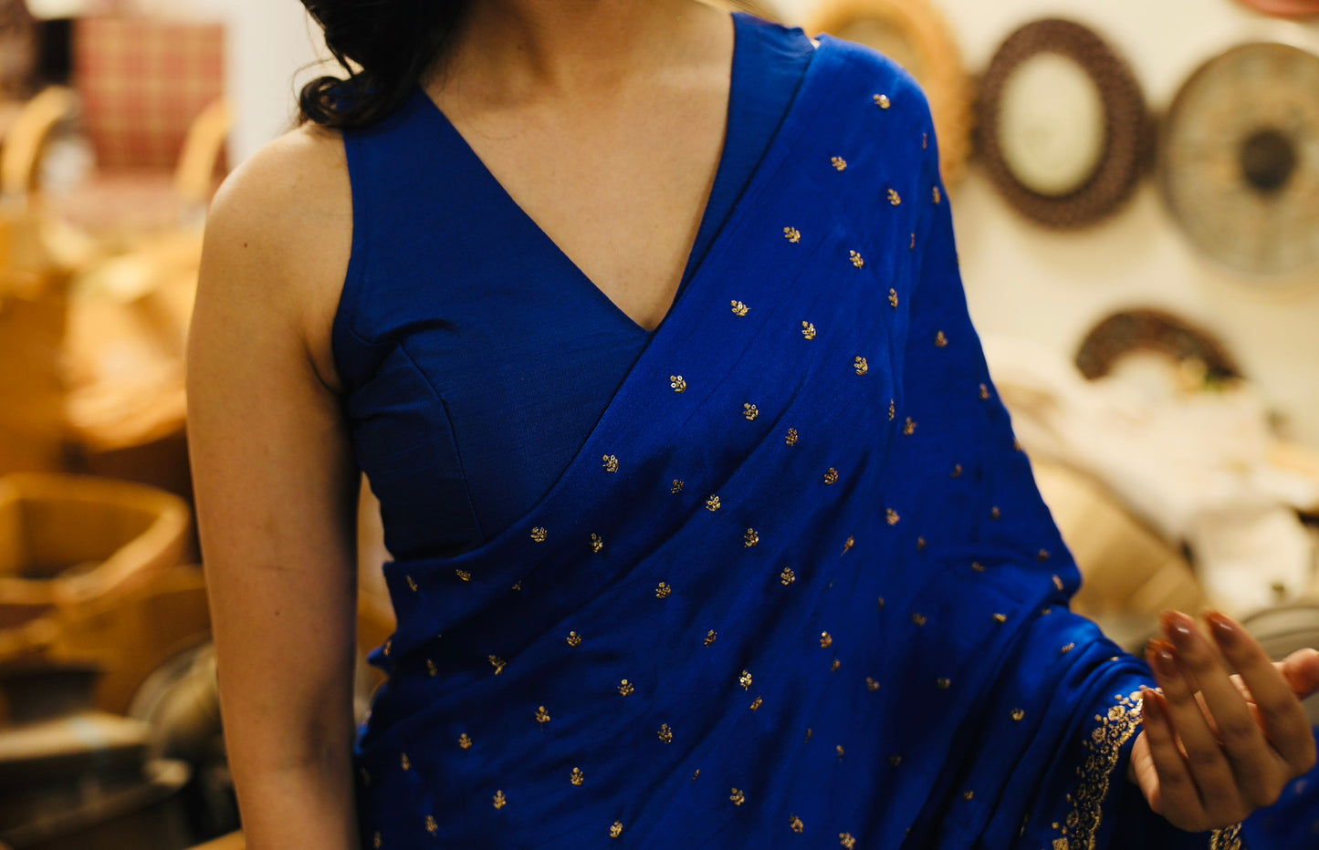 Rani-Sa Blue Butti Saree (With Stitched Blouse)